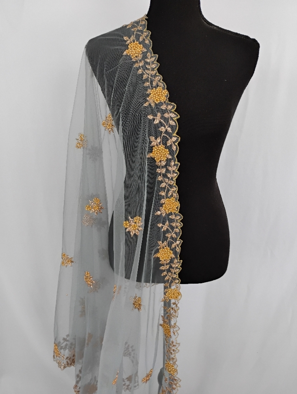 Net Gray dupatta with gold embroidered cut work with small pearls